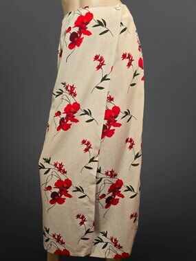 Vintage 90s Maxi Wrap skirt size S Beige Bold Red Floral Side Button Closure